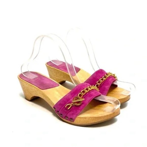 Vintage Ralph Lauren - Y2K pink suede wooden slip on sandals -SZ 10 - Picture 1 of 6